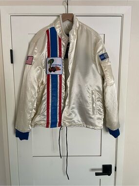 NWT Ford Ivory Satin Bomber Jacket with Blue & Red Stripes